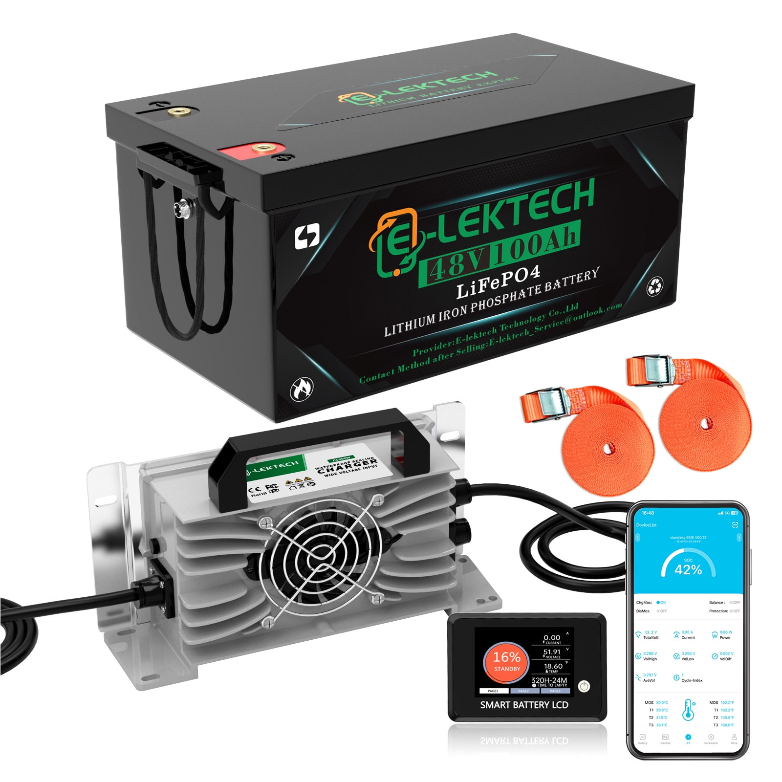 48V 100Ah Golf Cart LiFePO4 Lithium Battery with Charger, Built-in 200A BMS, Perfect for Golf Cart, RV, Solar, Marine