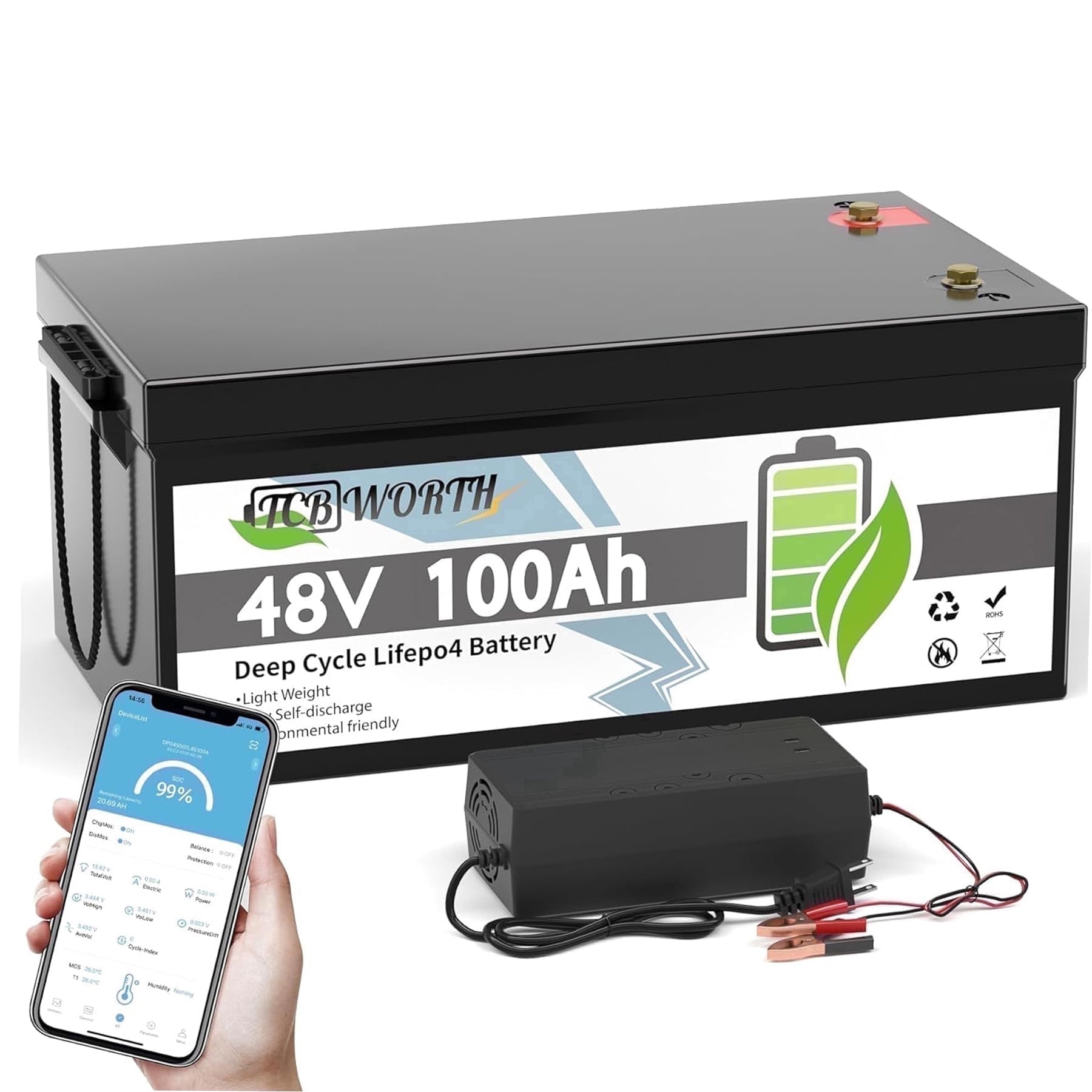 48V 100Ah LiFePO4 Lithium Battery Bluetooth,TCBWORTH Golf Cart