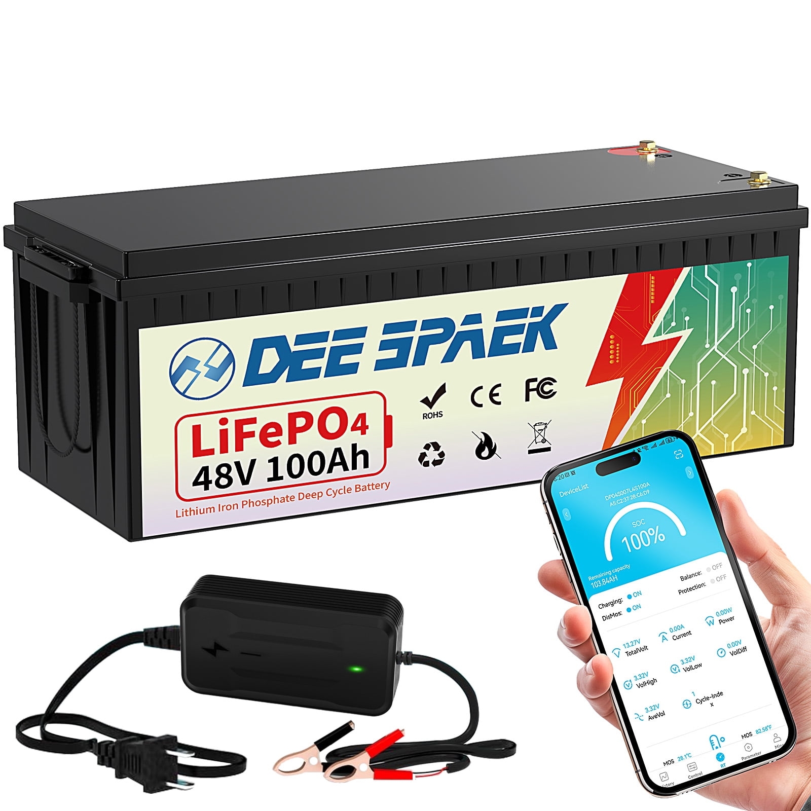 48V 100Ah Lifepo4 Lithium Battery Bluetooth for Golf Cart,200A BMS,DEESPAEK for Trolling Motor,Boat, RV, Solar, Camping,15000+ Deep Cycles