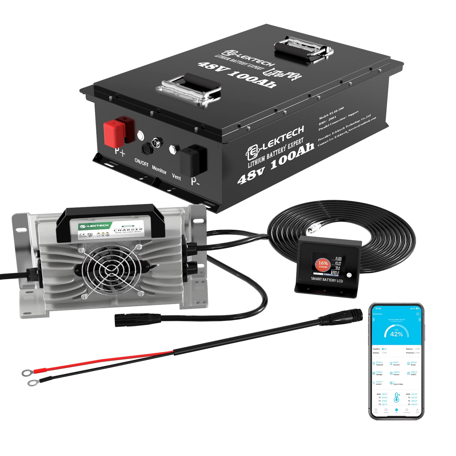 48V 100Ah Lifepo4 Lithium Golf Cart Battery with APP, Built-in 200A BMS, Peak Current 600A(3-5s), 10 Yrs Lifespan for Golf Carts, RV, Trolling Motor, Marine