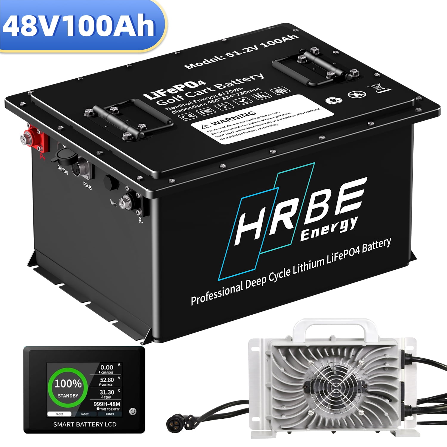 48V 100Ah Lithium Golf Cart Battery, 200A BMS with Touch Monitor, HRBEENERGY 8000+ Cycles Lifepo4 Club Car Battery