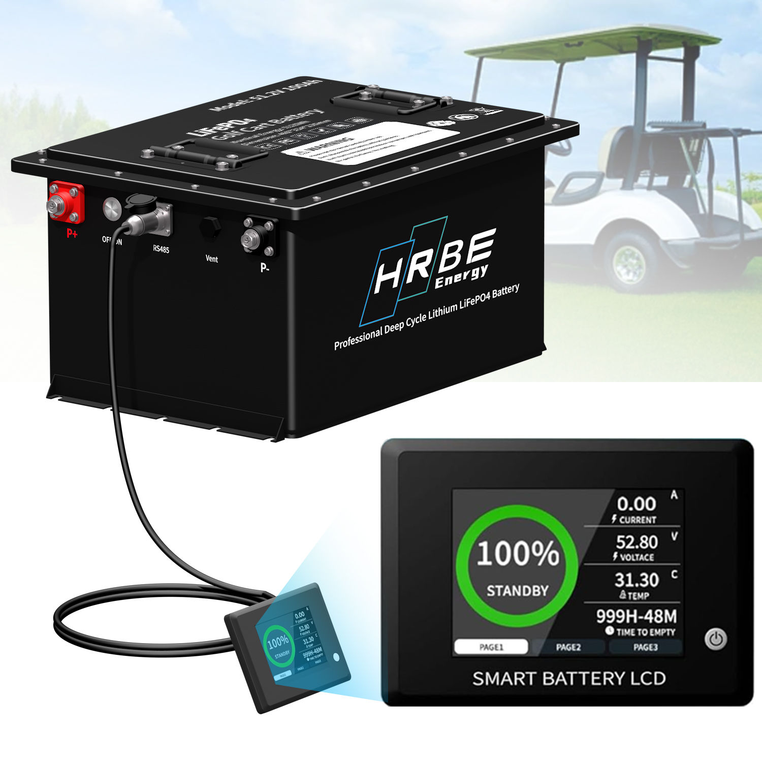 48V 100Ah Lithium Golf Cart Battery, 200A BMS with Touch Monitor, HRBEENERGY 8000+ Cycles Lifepo4 Club Car Battery