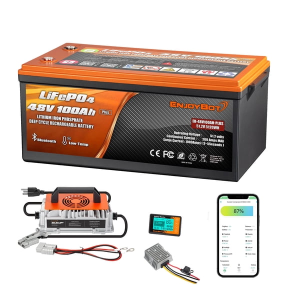 48V 100Ah Lithium Golf Cart Battery, 200A BMS Lifepo4 Battery with 48V 18A Charger, Bluetooth Mobile APP & LCD Monitor, Peak Current 1000A