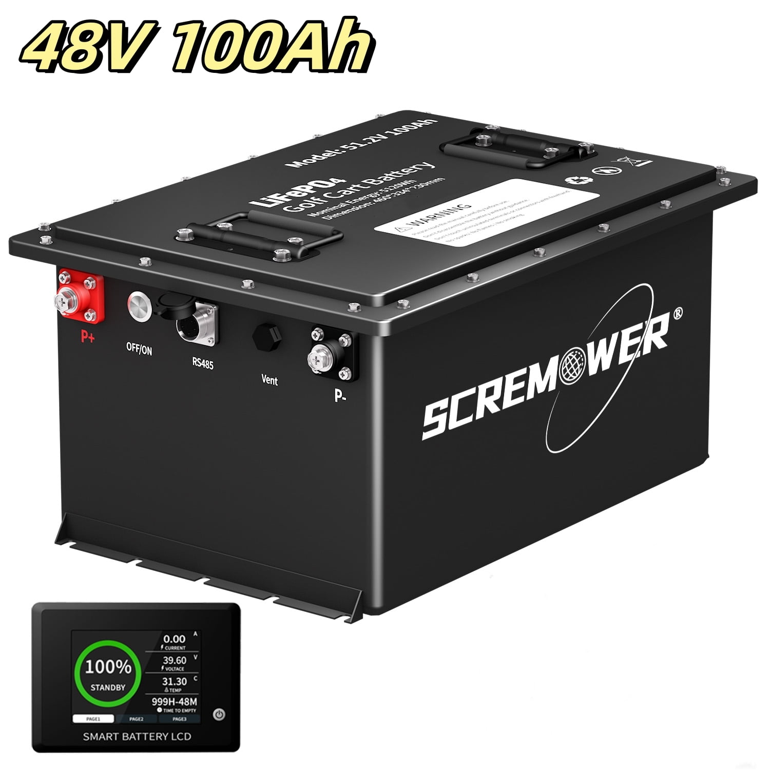 48V 100Ah Lithium Golf Cart Battery, 200A BMS SCREMOWER Deep Cycles 51.2 Volt LiFePO4 Batteries with Touch Monitor for Club Cart,Trolling Motor