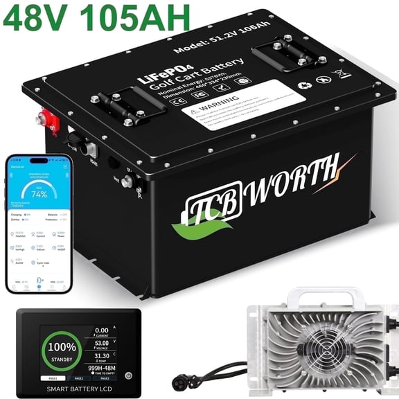 48V 105AH Golf Carts Battery Bluetooth,Lithium LiFePO4 Batteries with a Smart Monitor APP,58.4V 20A Charger,for RV Solar Marine,Built in 200A BMS