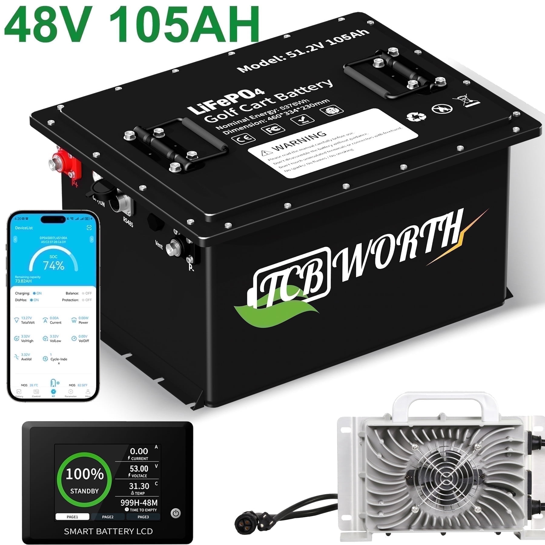 48V 105Ah Golf Cart Batteries,200A BMS Bluetooth Lithium Battery with a ...