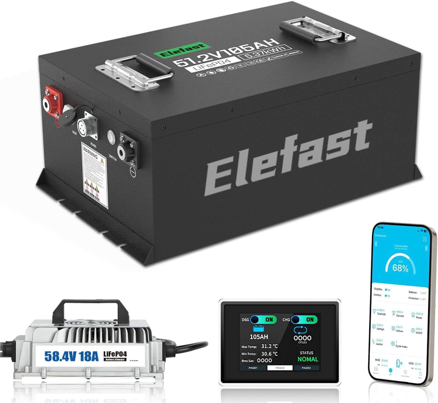 48V 105AH Lithium Lifepo4 Battery for Golf Cart Kit with 18A Charger and Touch Monitor,Built-in 200A BMS and Bluetooth,Up to 6000+ Deep Cycle,Perfect for Golf Carts,Lawnmower,Club Car