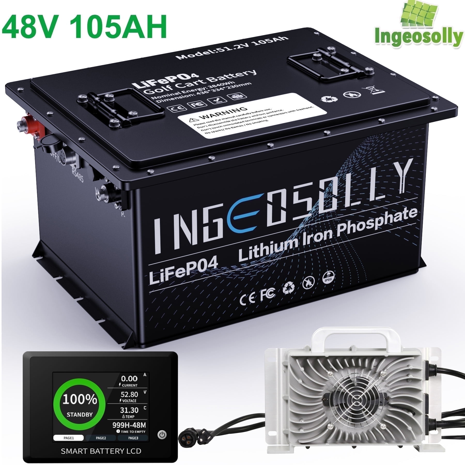 48V 105Ah Golf Cart Lifepo4 Battery,5376Wh,Built-in 200A BMS with a Smart Monitor APP, 15000+Depp Cycles Lithium Battery