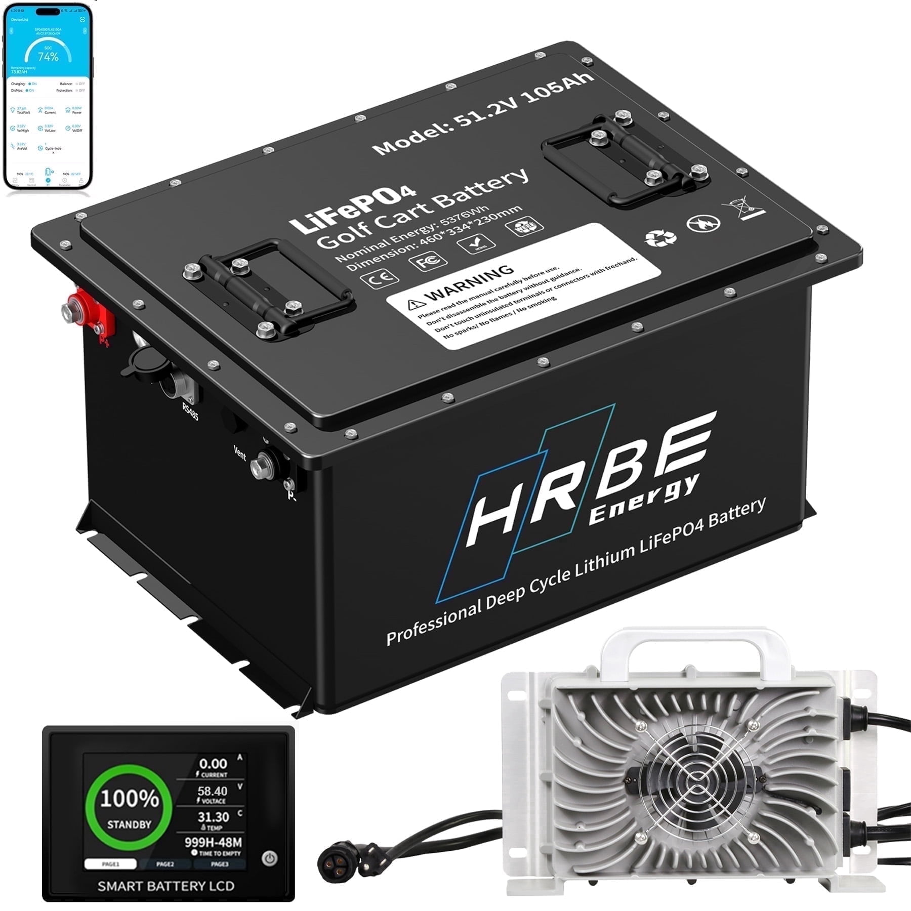 48V 105Ah Golf Carts Lithium Lifepo4 Battery Bluetooth,with Smart Monitor Mobile APP & 58.4V 20A Charger,15000+ Deep Cycles,Built in 200A BMS,5376WH