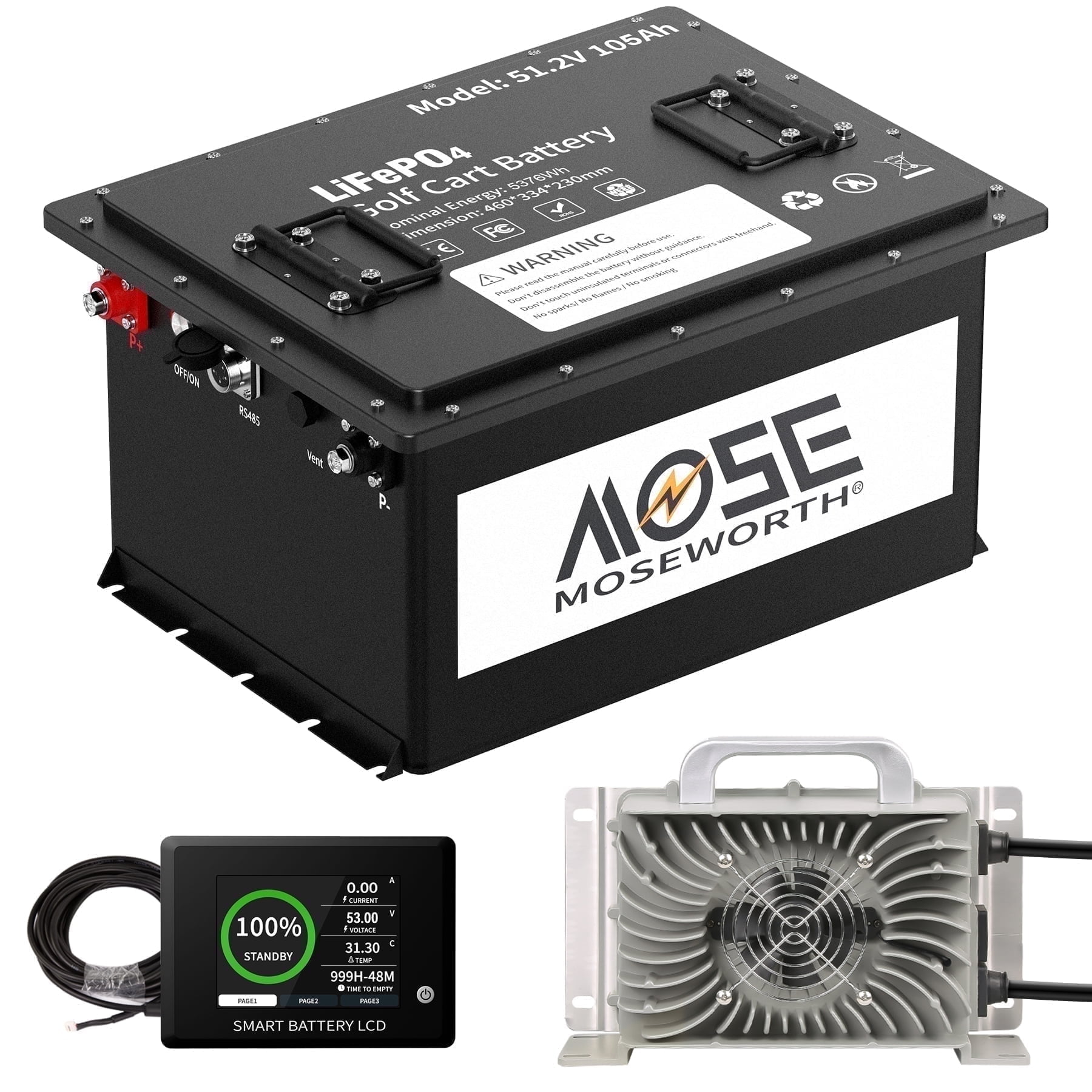48V 105AH Lithium Golf Carts LiFePO4 Battery Bluetooth,200A BMS,with Smart Battery Monitor APP & 20A Charger,15000+ Deep Cycles,Max 10.24kW Power Output