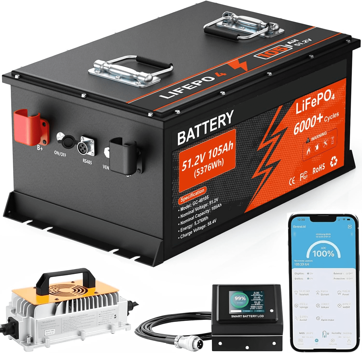 48V 105Ah Lithium Golf Cart Battery, Built-in Smart 200A BMS, with Touch Monitor & Mobile APP, 4000+ Cycles Rechargeable LiFePO4 Battery, Max 10.24kW Power Output, Designed for Golf Cart