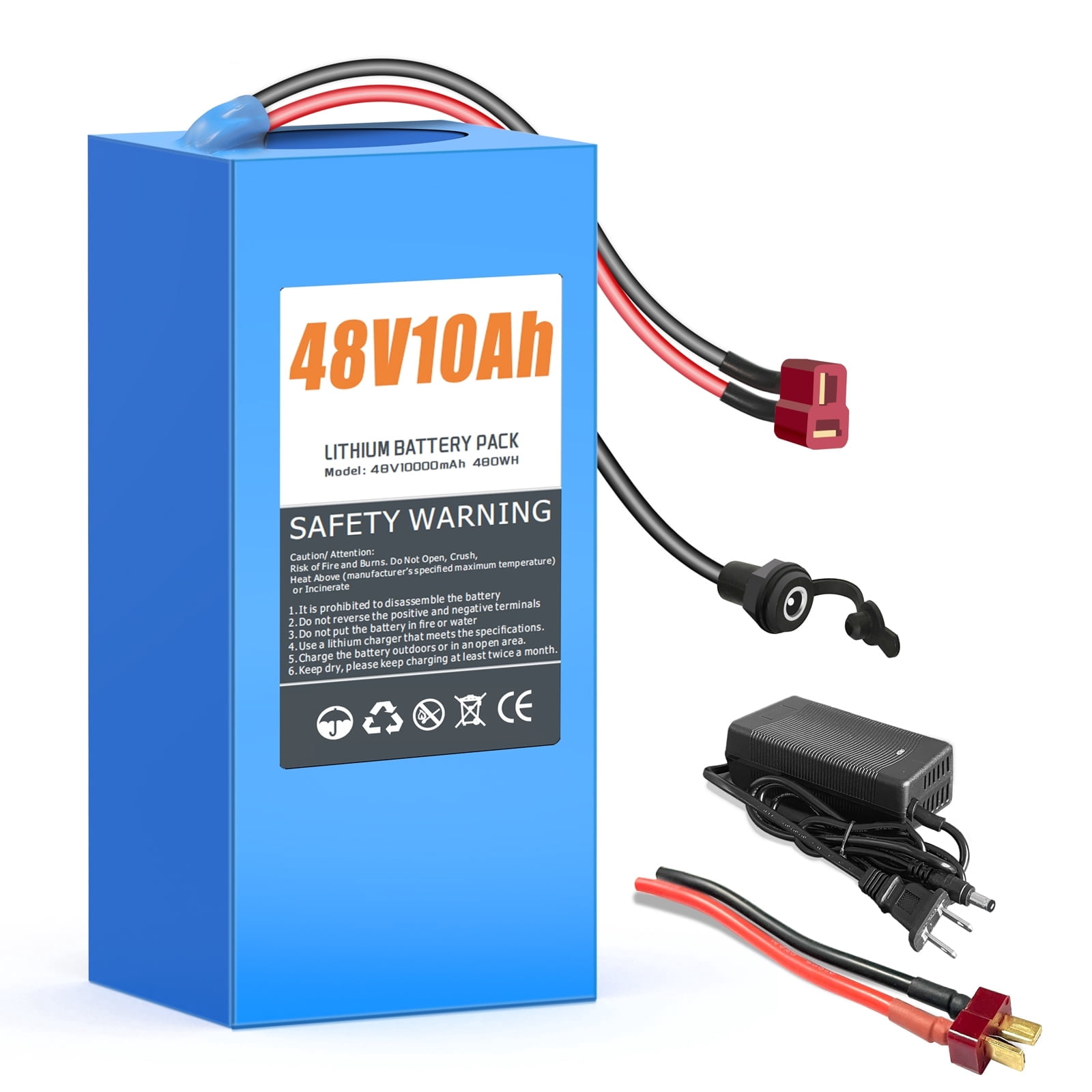 48V 10Ah Lithium Battery, Built-in 30A BMS, w/ 2A Charger & XT60 SM Connector, Rechargeable Batteries for DIY Projects 7.56x3.5x2.75 inches