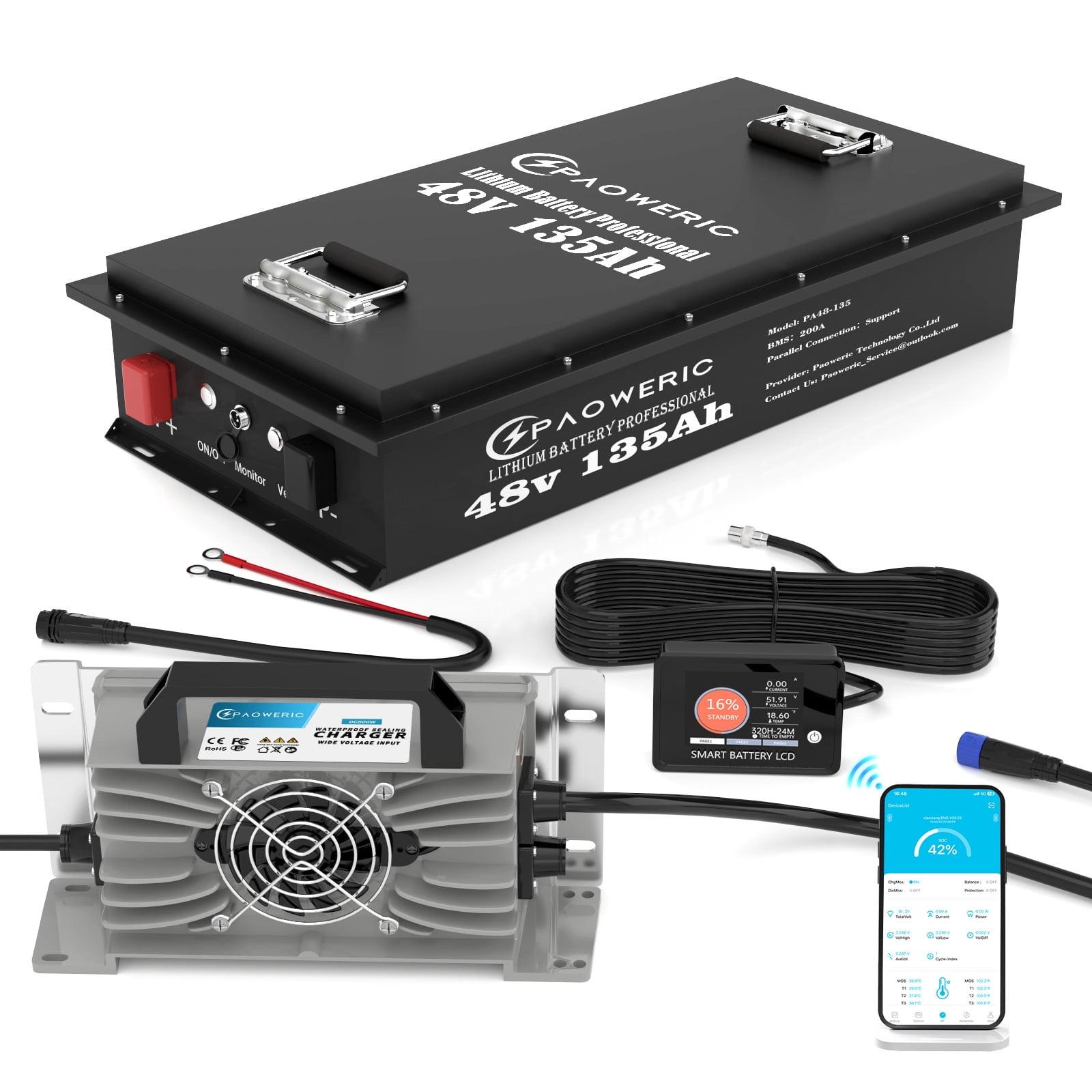 48V 135Ah LiFePO4 Lithium Battery for Golf Cart, Built-in 200A BMS, Perfect for Golf Cart, RV, Off Grid