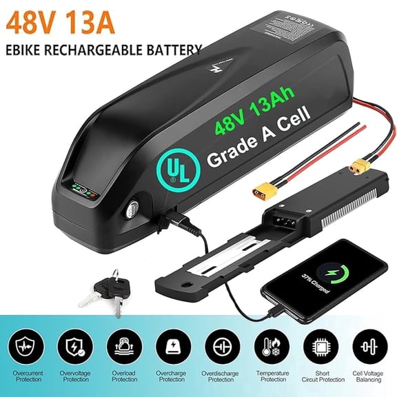 Accolmile 48V 13Ah Ebike Battery Lithium Downtube Batteries with USB Port XT60 Connector 30A BMS for 200-1000W Bafang Motor