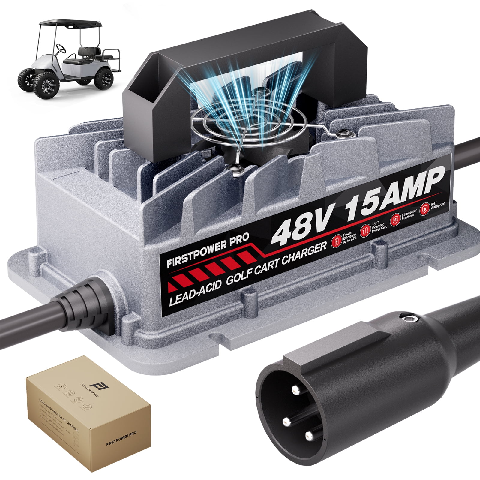 48V 15A Golf Cart Charger for Club Car, Golf Cart Battery Charger with 3-Pin Round Plug, 4-6H Fast Full Charge Trickle Charge, Lead Acid Battery Charger - IP67 Waterproof with Fan Design