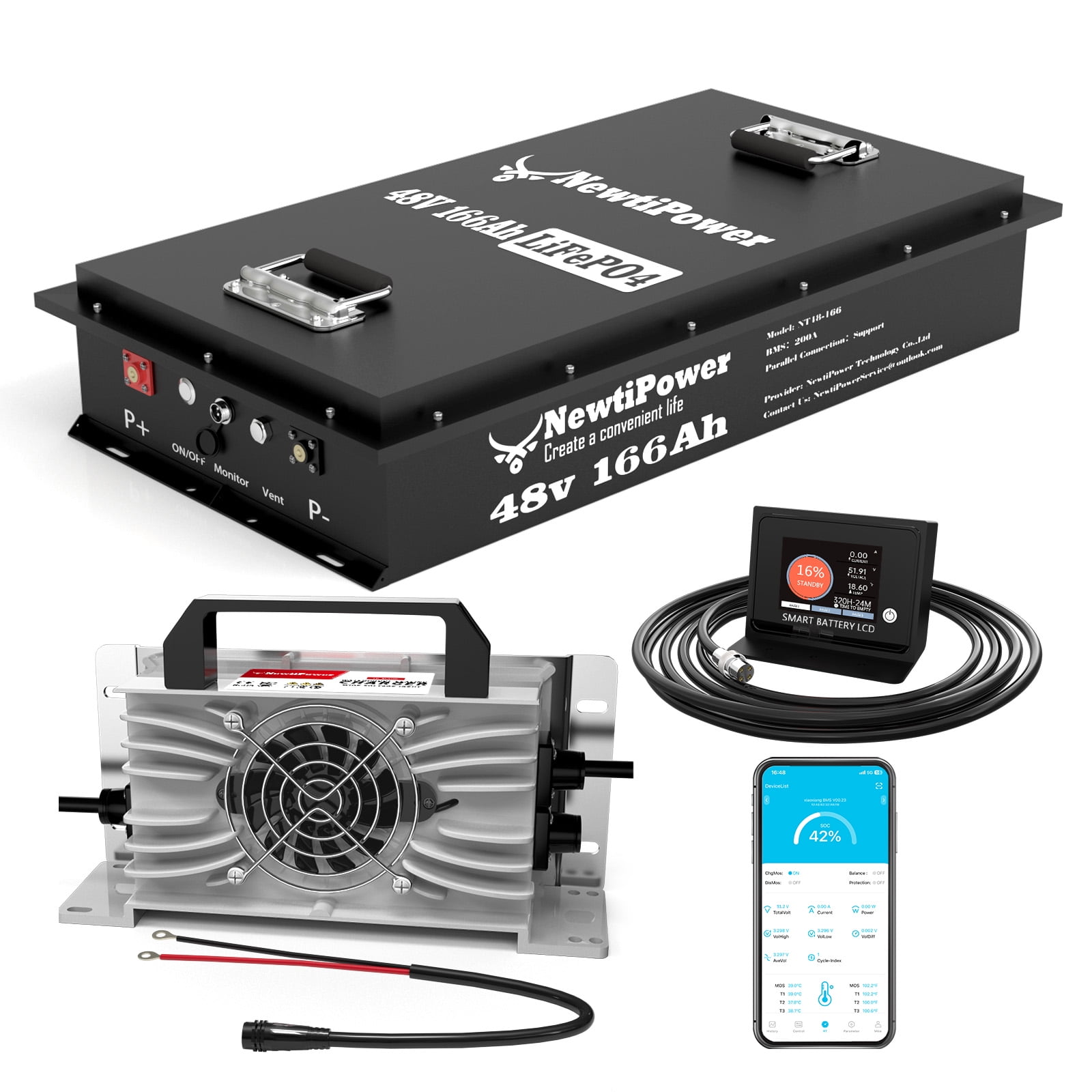 48V 166Ah LiFepo4 Lithium Battery with 200A Bluetooth BMS&APP, 10 Years-Lifetime, Perfect for Golf Carts, Boat, Trolling Motor, Lawn Mower, Solar, Off-Grid Life