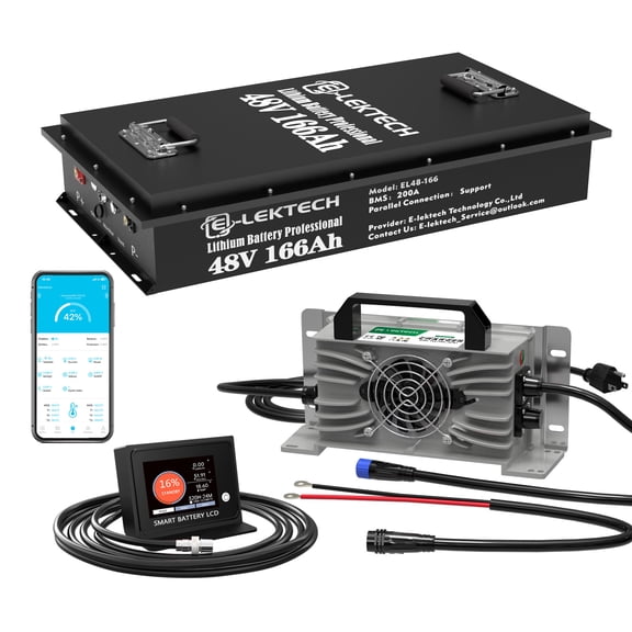 48V 166Ah Lithium Golf Cart Battery with 48V Charger & APP Monitor, Built-in 200A BMS, 10.24kW Output for Golf Carts