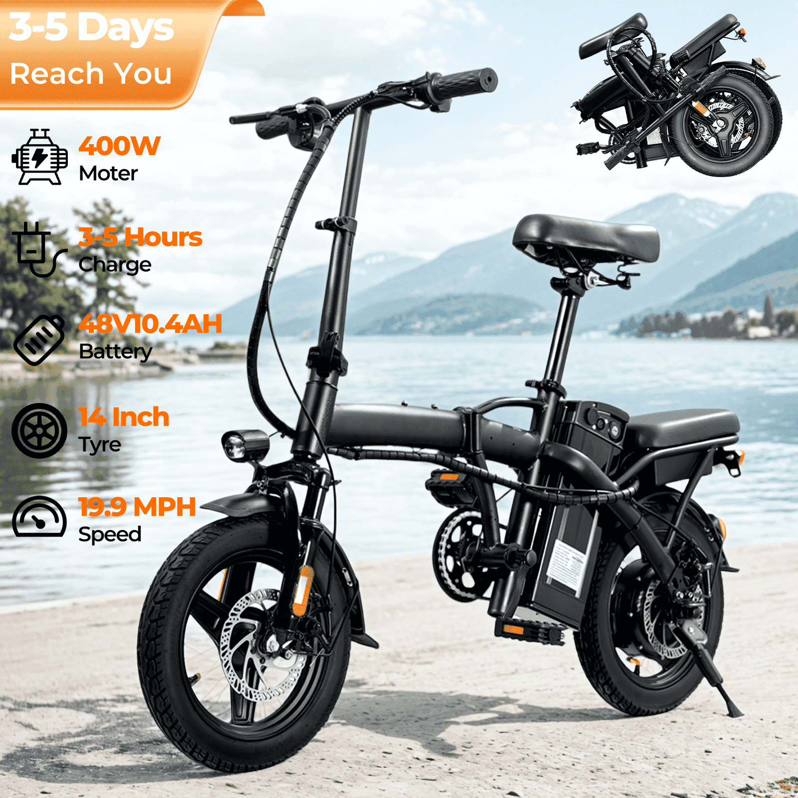 Kunyun 48V 10.4Ah Electric Bike for Adult,14"Tires,400W Motor,19.9Mph,30 miles Range Ebike,Dual Disc Brakes,Adjustable Seat Electric Folding Bicycle,UL 2849