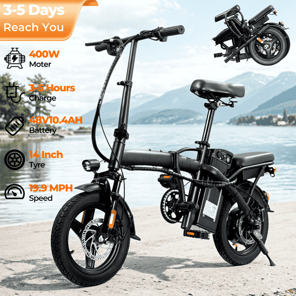 Kunyun 48V 10.4Ah Electric Bike for Adult,14"Tires,400W Motor,19.9Mph,30 miles Range Ebike,Dual Disc Brakes,Adjustable Seat Electric Folding Bicycle,UL 2849