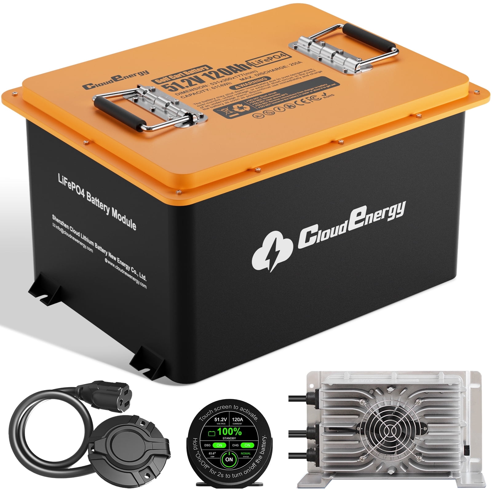 48V(51.2V) 120AH LiFePO4 Lithium Golf Cart Battery Built-in 250A BMS,with Mobile APP,Touch Monitor and retention strap,6000+ Cycles,Perfect for Golf Carts