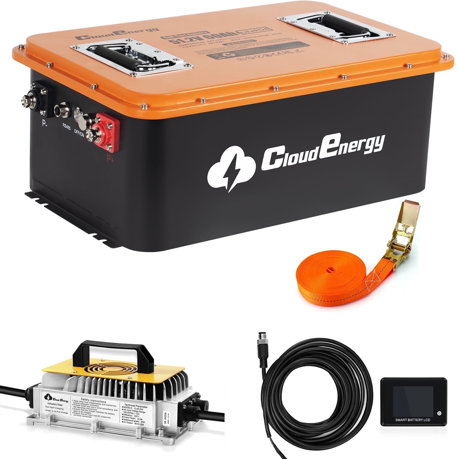 48V(51.2V) LiFePO4 Lithium Golf Cart Battery Built-in 200A BMS,with Mobile APP,Touch Monitor and Retention Strap,6000+ Cycles,Perfect for Golf Carts(GFS48V-60AH with Charger)