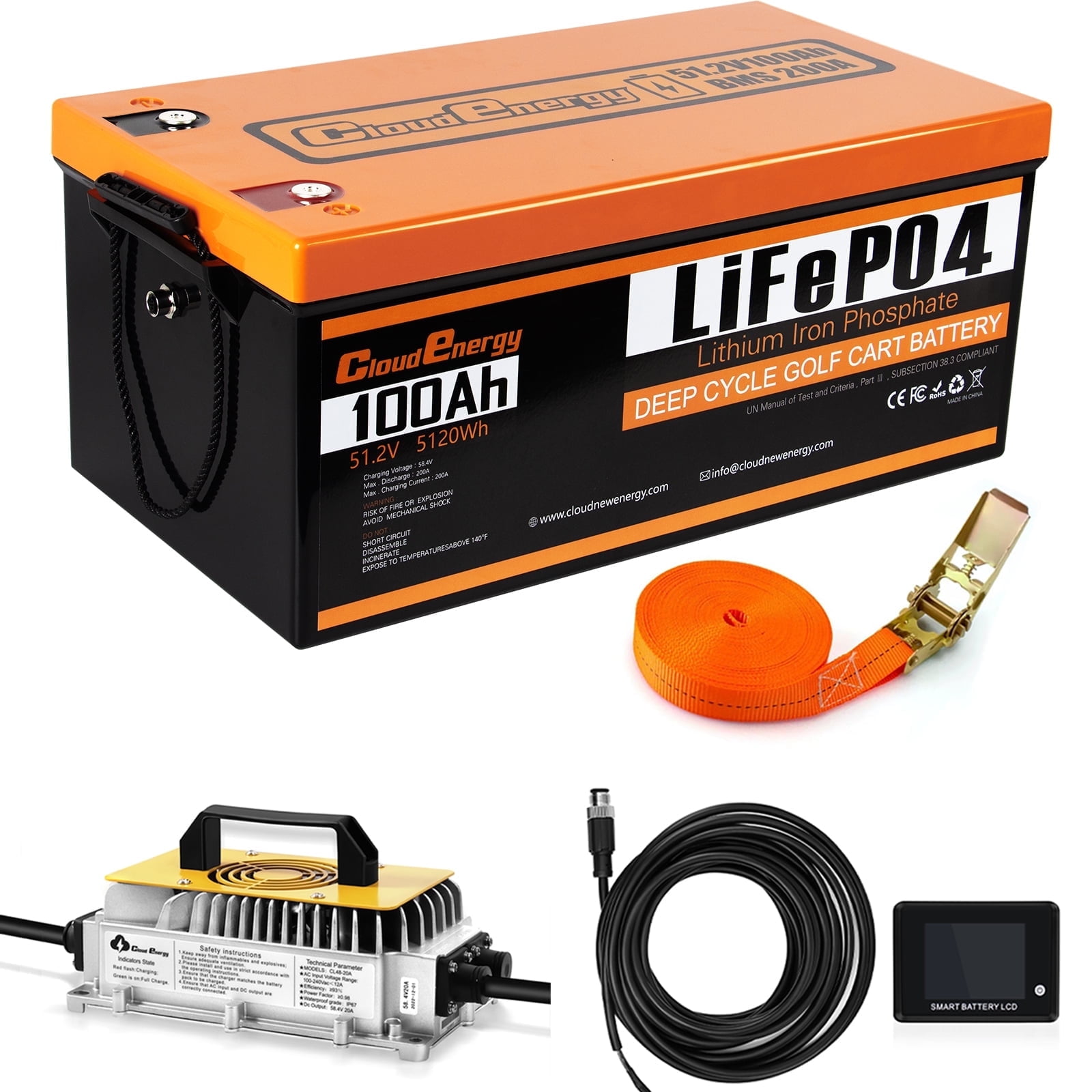 48V(51.2V) LiFePO4 Lithium Golf Cart Battery Built-in 200A BMS,with Mobile APP,Touch Monitor and retention strap,6000+ Cycles,Perfect for Golf Carts(GFA48V-100AH With Charger)