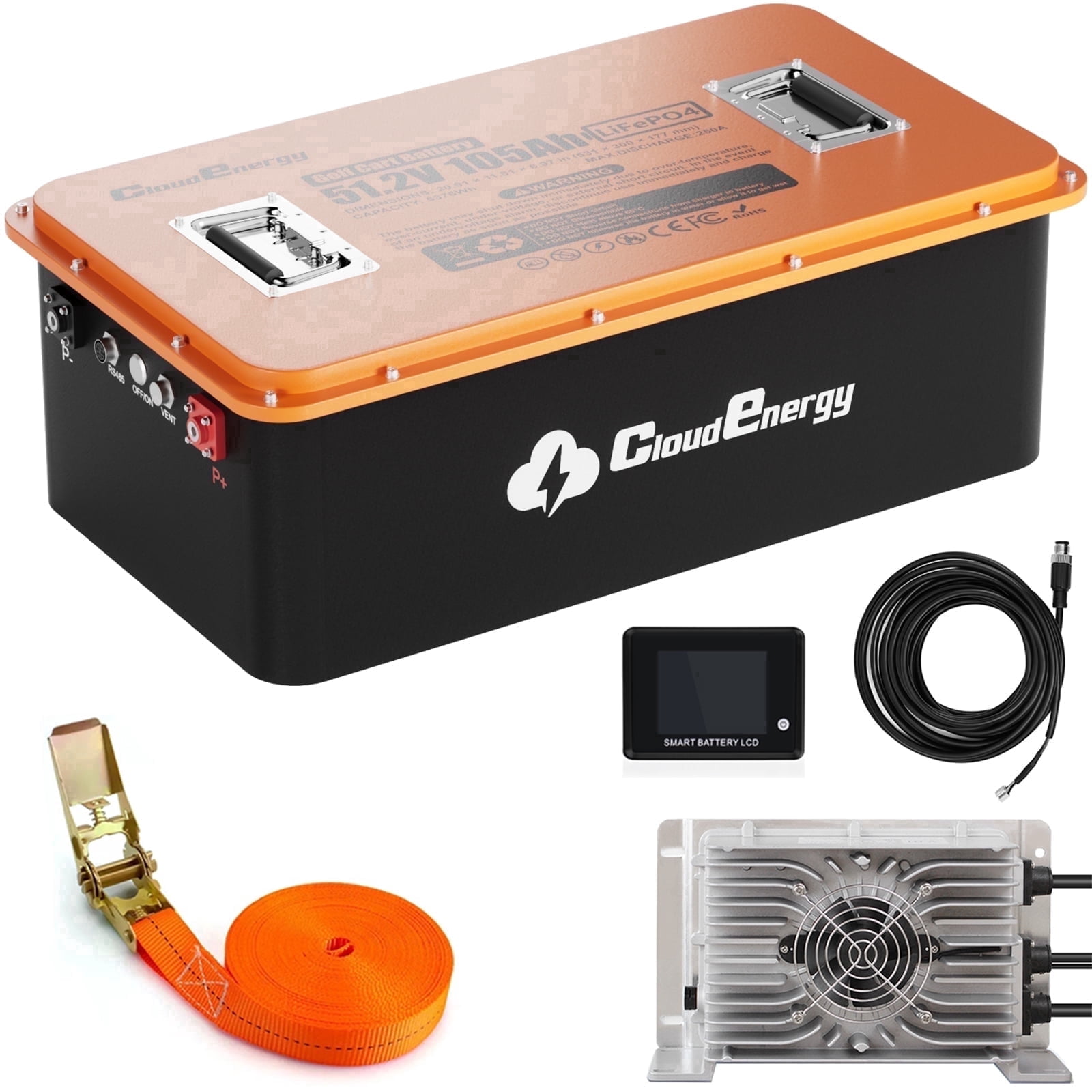 48V(51.2V) 105AH LiFePO4 Lithium Golf Cart Battery Built-in 250A BMS,with Mobile APP,Touch Monitor and retention strap,6000+ Cycles,Perfect for Golf Carts