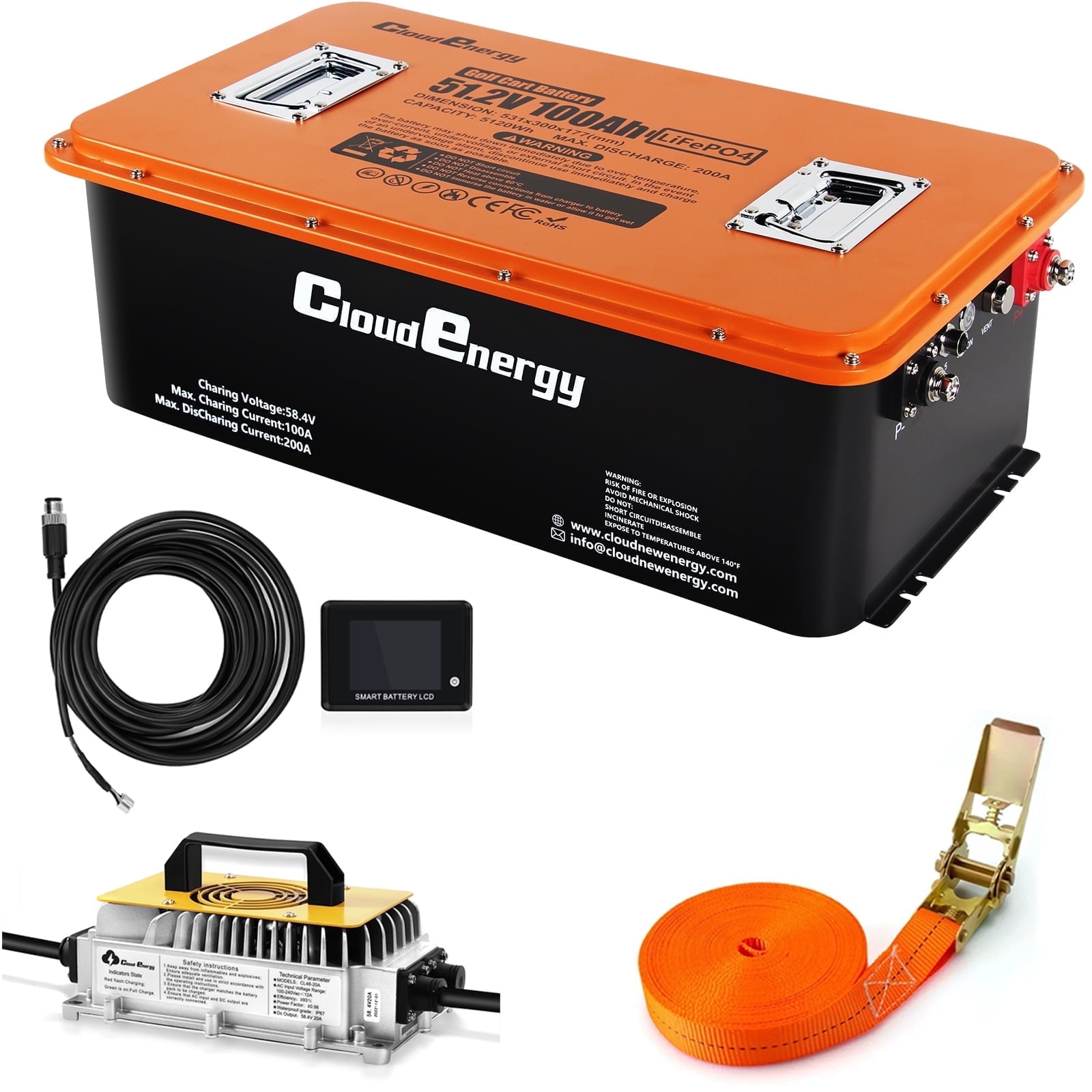 48V(51.2V) LiFePO4 Lithium Golf Cart Battery Built-in 200A BMS,with Mobile APP,Touch Monitor and retention strap,6000+ Cycles,Perfect for Golf Carts(GFS48V-100AH With Charger)