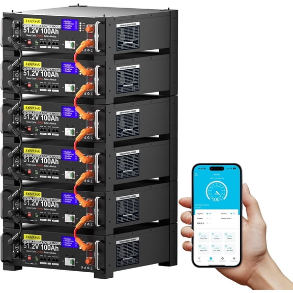 48V 600Ah Lithium LiFePO4 Solar Battery(6 Pack 48V 100AH), Support Inverter Communication, Built-in 100A BMS with Bluetooth,10.24kWh Capacity, 6000+ Cycles, Perfect for Off-Grid, Solar, Backup Power