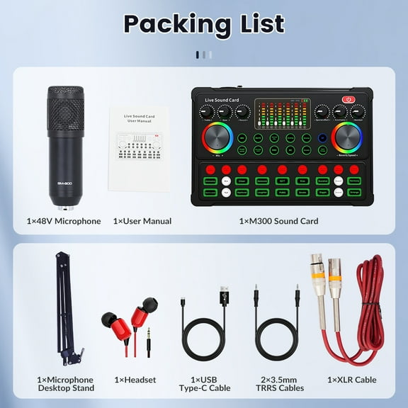 48V Condenser Microphone Set,Podcast Studio Equipment,M300 Sound Card Studio Kit