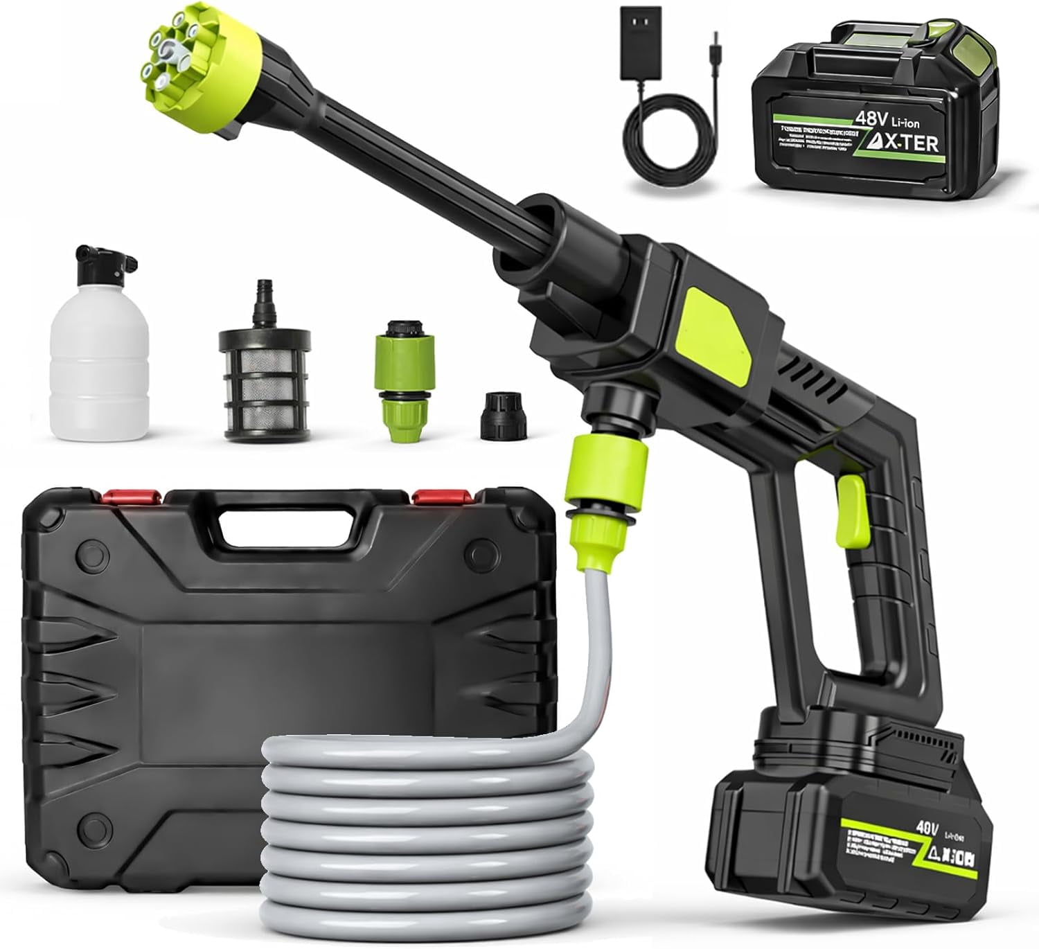 48V Cordless Pressure Washer, 6-in-1 Nozzle, Single Port Charger Base for Car Floor Patio Garden Cleaning(Q)