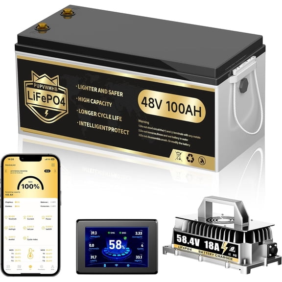 48V Lithium Battery Golf Cart, 48 Volt 100Ah Golf Cart Battery Conversion Kit with 18A Charger & Touch Monitor, Built in 200A Smart BMS, 10.24kW Output, Max Peak Current 1000A, Prefect for Golf Cart