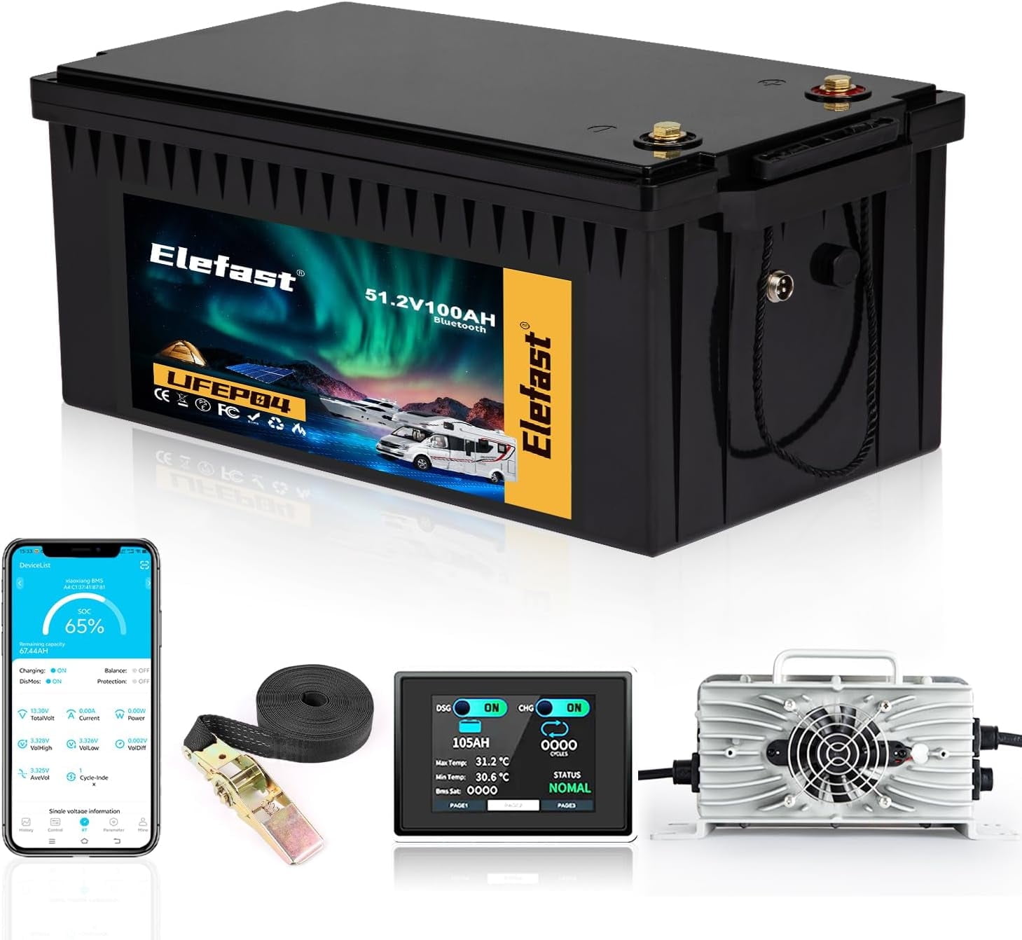 48V Lithium Battery Golf Cart,48V 100AH Golf Cart Batteries with 58.4V 18A Charger and LCD Touch Monitor,Built-in Smart 200A BMS and Bluetooth,Peak Current 600A,Perfect for Golf Cart,Club Car