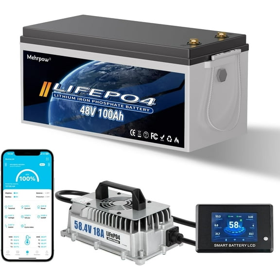 48V Lithium Battery Golf Cart Batteries Kit Built-in 200A BMS Steel Casing 48V 100Ah LiFePO4 Battery 10000 Cycles with 18A Charger Bluetooth Touch Display & APP Max 10.24kW Power Output for Golf Cart