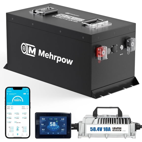 48V Lithium Battery Golf Cart Batteries Kit Built-in 200A BMS Steel Casing 48V 100Ah LiFePO4 Battery 10000 Cycles with 58.4V18A Charger Bluetooth Touch Display & APP for Golf Cart Lawn Mower ATV UTV