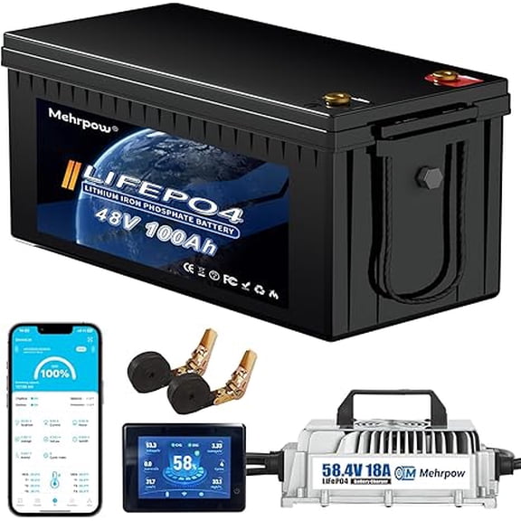 48V Lithium Battery Golf Cart Batteries Kit with Smart 200A BMS 58.4V 18A Charger Touch Monitor & Mobile APP 10000 Cycles 48V 100Ah LiFePO4 Battery Peak Current 1000A(3-5s) for Club Car, EZGO, Yamaha