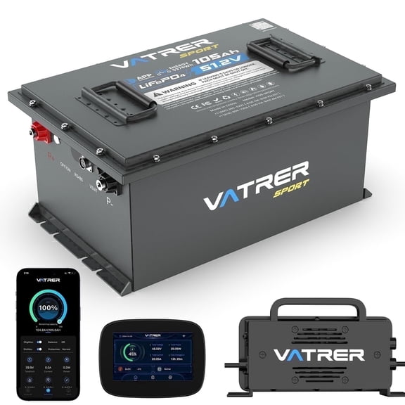 VATRER POWER 48V 105Ah Lithium Battery for Golf Cart, Upgraded 300A BMS, 6000+ Cycles, 3C Discharge, LCD Display & App, Perfect for UTV, Golf Carts