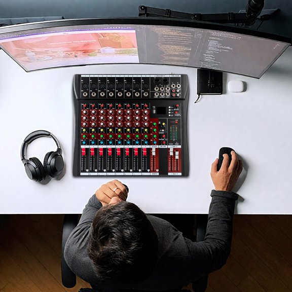 +48V Phantom Power Audio Mixer 8 Mic Input 6 Built-In Music Styles Real-Time Headphone Monitoring