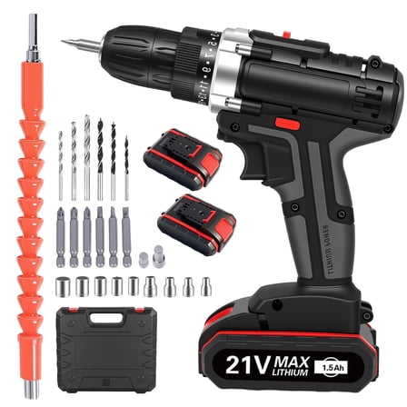 21V Cordless Drill Set with 2 Batteries, 3/8" Keyless Chuck, Multi-Functional Electric Power Drill Kit, Portable, 2 Variable Speed & LED Light, Black