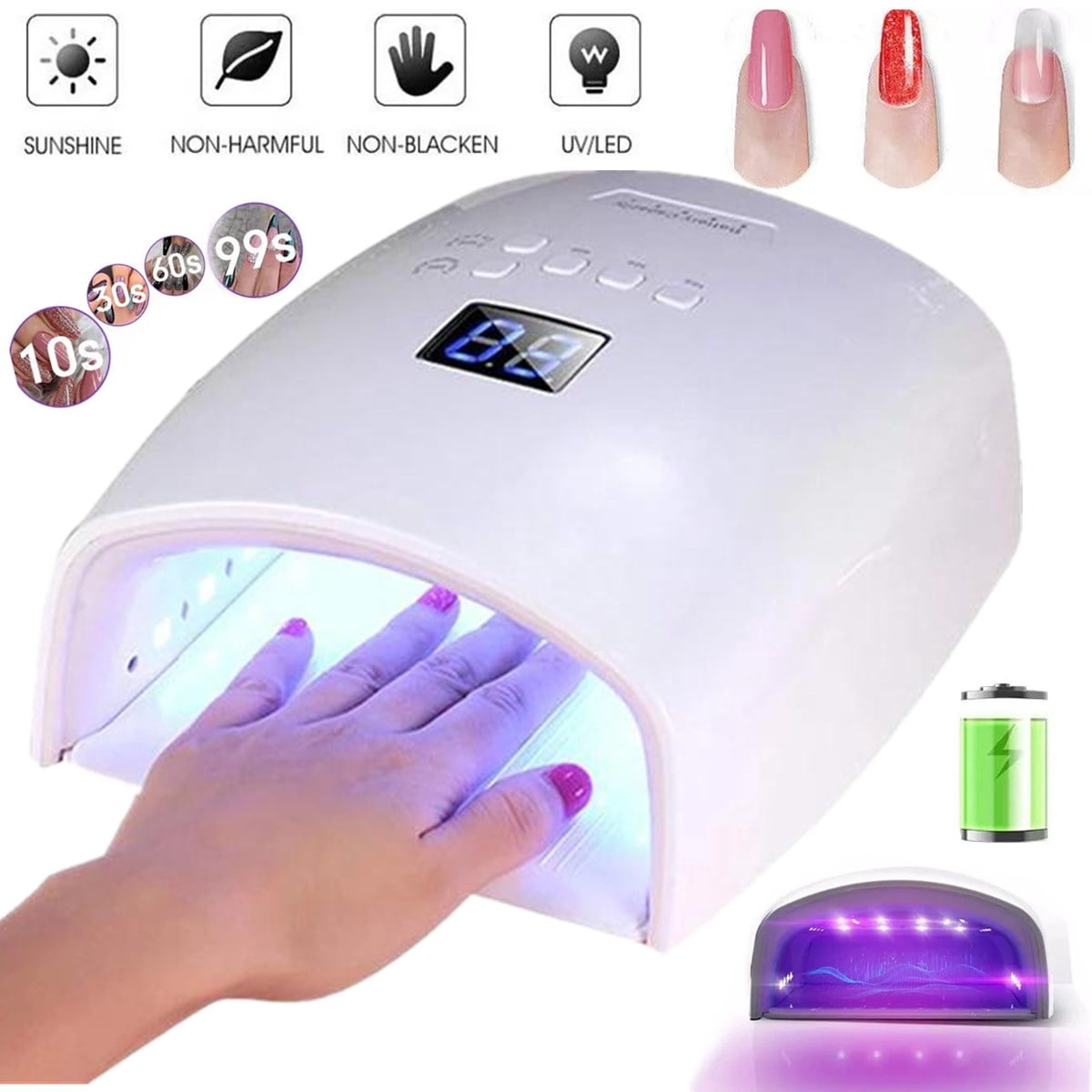 48W Cordless LED UV Nail Lamp Gel Polish Dryer Rechargeable Fast Curing Nail Lamp Wavelength 365nm 405nm 610nm 5–7 hours per charge Input Voltage: 100–240V Output Voltage: 110–120V, 60Hz Charging Tim