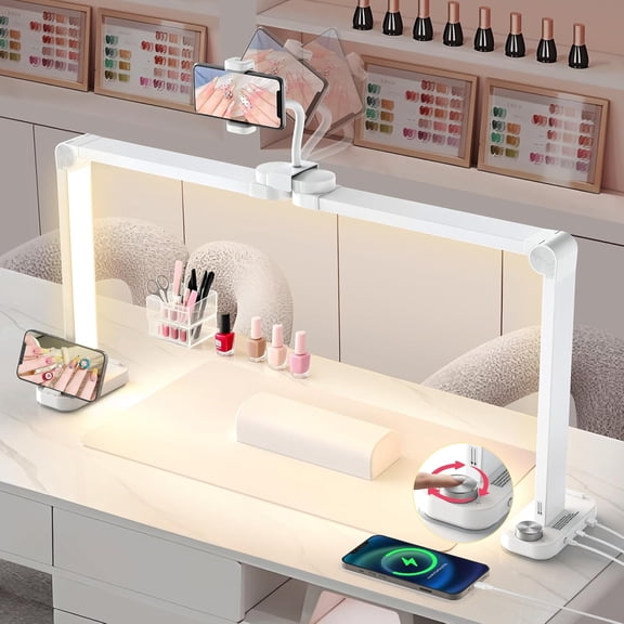 48W Half Moon Light: 34" Shadow-Free Half Moon Light for Desk Salon - Foldable LED Desk Lamp with Stepless Brightness 3000K-6500K for Manicurist Nail Tech (White, Large)