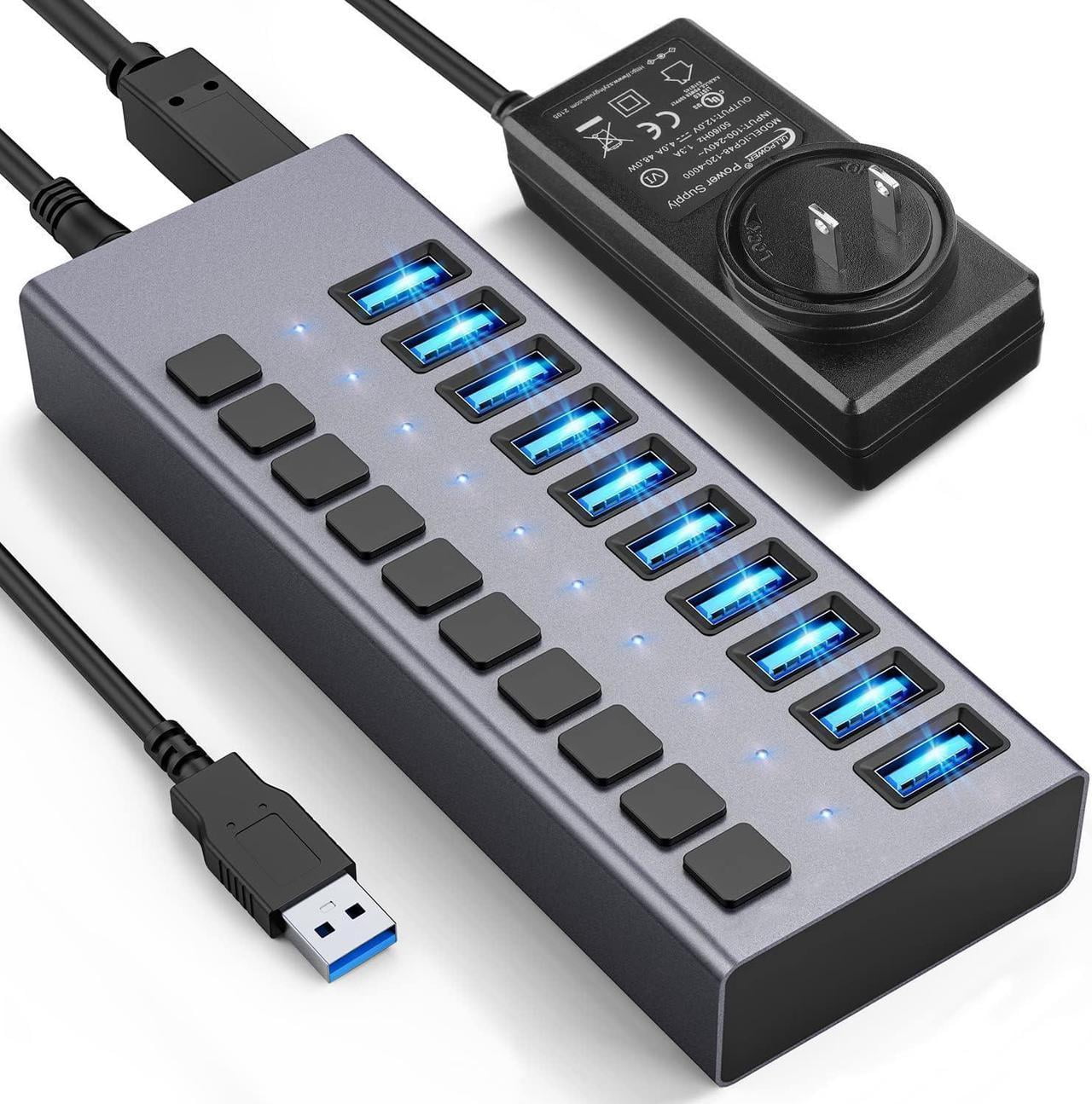 48W Powered USB Hub - 10 Ports USB 3.0 Data Hub - with Individual On/Off Switches and 12V/4A Power Adapter USB Hub 3.0 Splitter for Laptop, PC, Computer, Mobile HDD, Flash Drive