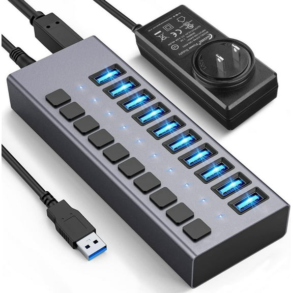 48W Powered USB Hub - 10 Ports USB 3.0 Data Hub - with Individual On/Off Switches and 12V/4A Power Adapter USB Hub 3.0 Splitter for Laptop, PC, Computer, Mobile HDD, Flash Drive
