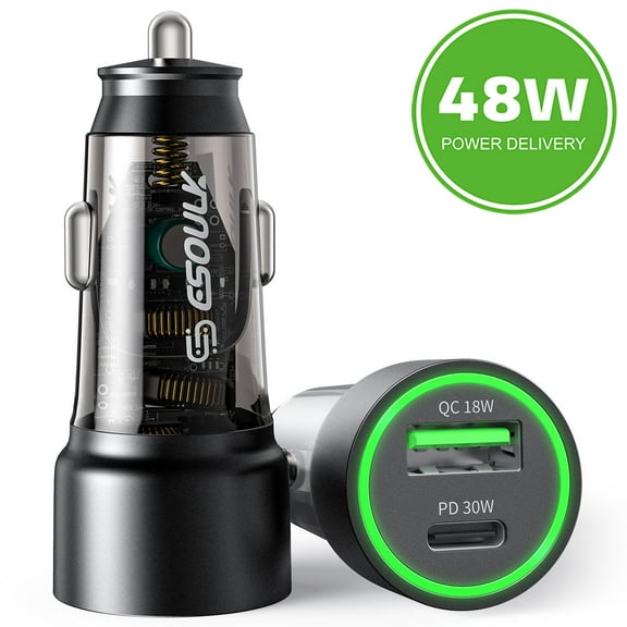 48W Transparent USB-C PD Power Delivery + USB-A Quick Charge 3.0 Car Charger - Black