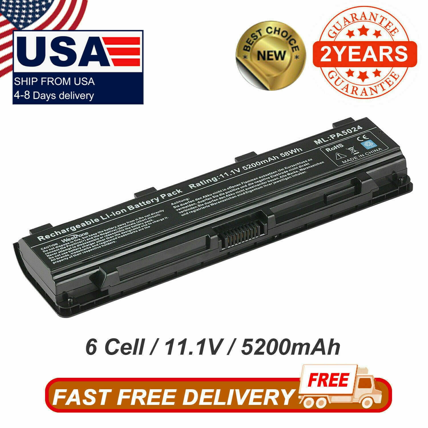 Replacement Battery For Toshiba Satellite C850, C855, C840 & More – 5200mAh, 11.1V, 3-Year Warranty