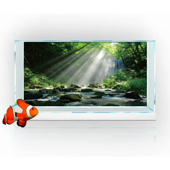 48X24IN Green Forest Tree Reptile Habitat Background Aquarium Background, Natural Tropical Forest Decor Terrarium Background, Misty Rainforest Aquarium Background with 10 EVA Double-Sided Tape