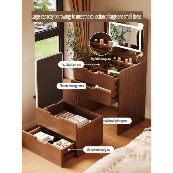 (48cm)(Walnut) 3 in 1 Vanity Desk with Plip Top Mirror,Small Make Up Vanity Set with Visible Glass Desktop, Compact Makeup Vanity with 3 Drawers, Dressing Table