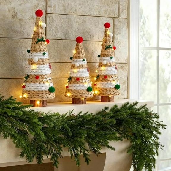 48cm Woven Khaki Christmas Tree - Battery Operated Holiday Decor for Fireplace & Home