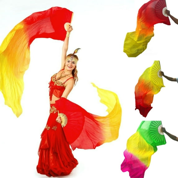 48in Artificial Silk Bamboo Fans Long Belly Dance Silk Fan Colorful Dancing Fabric Fans Gradient Flags for Dance Dancer Women Dancing Show Arts