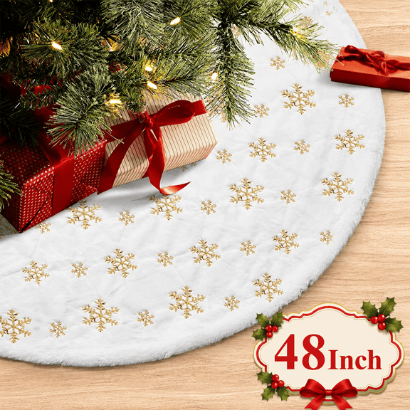 48in Christmas Tree Skirt,White Faux Fur Christmas Tree Skirt with Gold Sequin Snowflakes,Large Plush Tree Skirts for Xmas Holiday Party Decorations